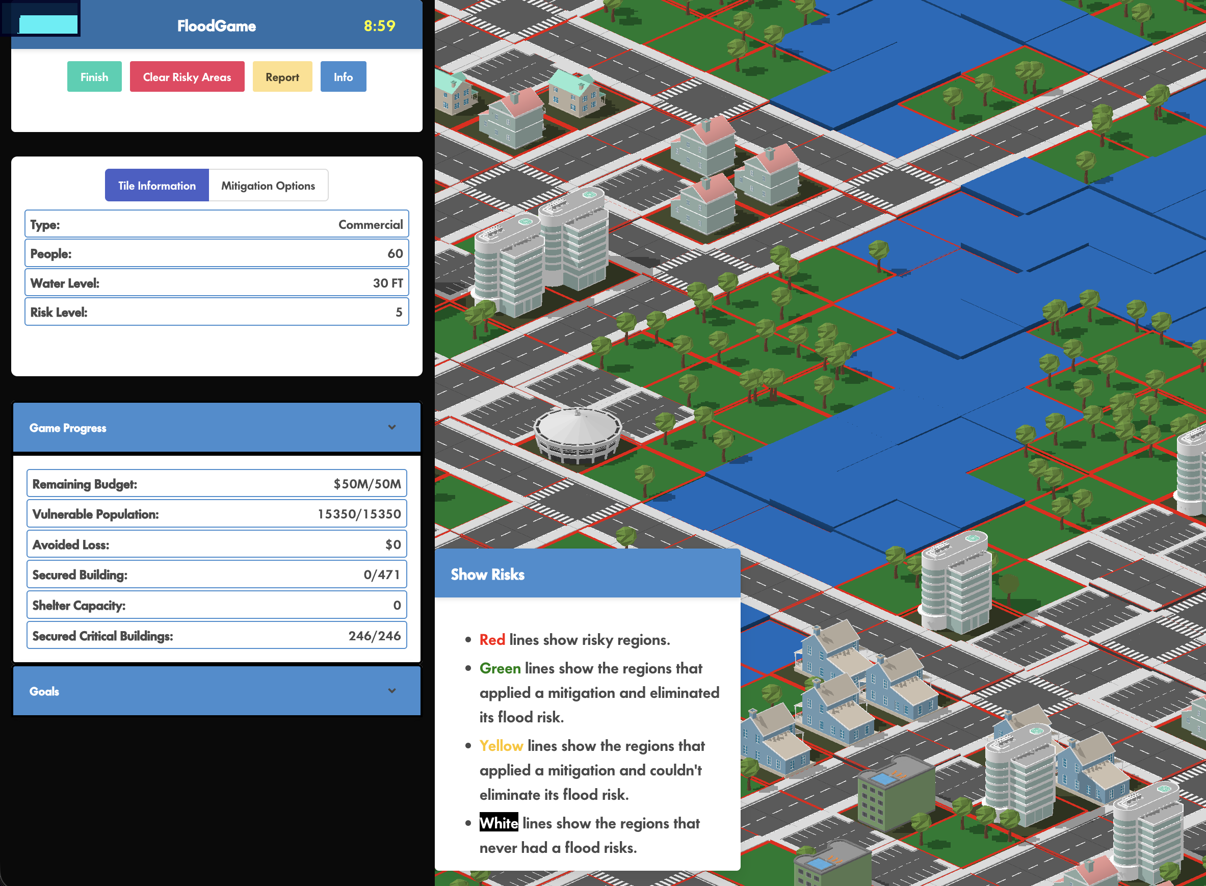 Resource allocation simulation in FloodGame